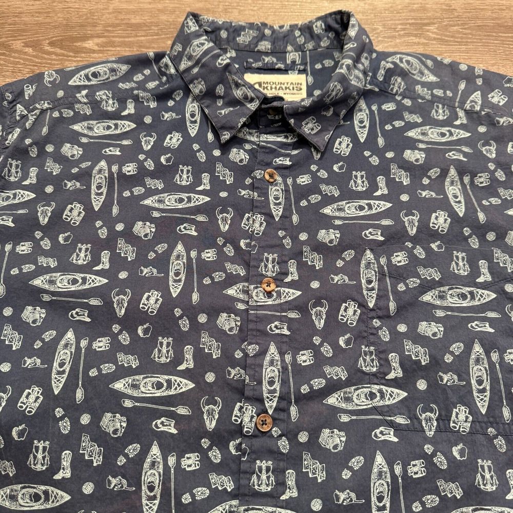 Mountain Khakis Shirt Mens XL Blue Kayak Print Cotton Relaxed Fit Outdoor Hiking